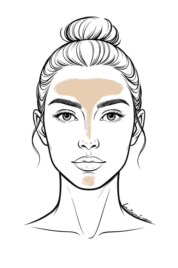 A diagram of a female face highlighting an oily T-zone common in those with oily skin types.